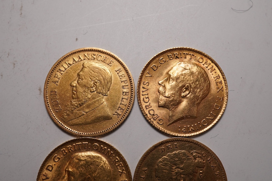 Gold coins, two George V gold half sovereigns, good VF, a Victoria gold half sovereign, 1883, fine, and a South Africa gold half pond 1896, good VF (4)